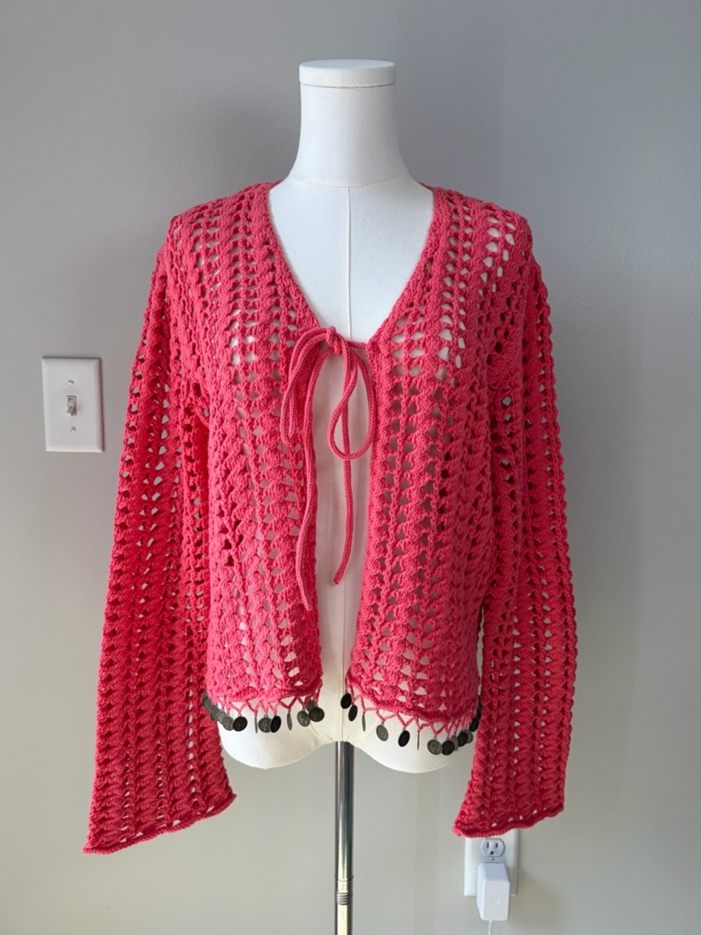 Crochet Open Knit Tie Front Cardigan with Coin Trim Boho Layering Festival